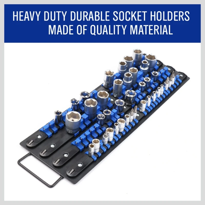 

Heavy Duty Socket Organizer Premium Quality Socket Holders Black Rails with Blue Clips Best Unique Tool Gift for Men