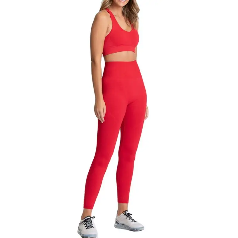 

Women Seamless Knit Yoga Tracksuit Solid Color Racerback Bra High Waist Leggings