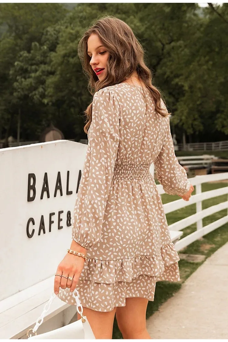 

Autumn Dresses for Women Long Sleeve V-Neck Ruffles Dress Women Casual A Line Print Dress Slim Female Boho Mini Party Vestidos