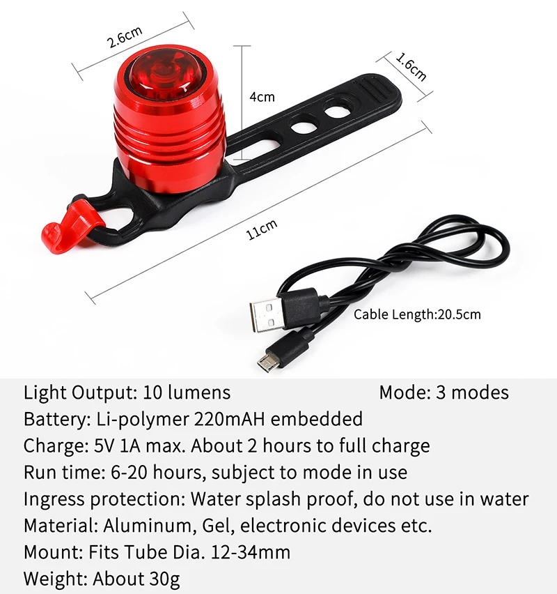 

WEST BIKING Waterproof LED Bicycle Rear Light USB Rechargeable 3-Mode Safety Warning Lightweight Cycling Bike Lamp Red Taillight