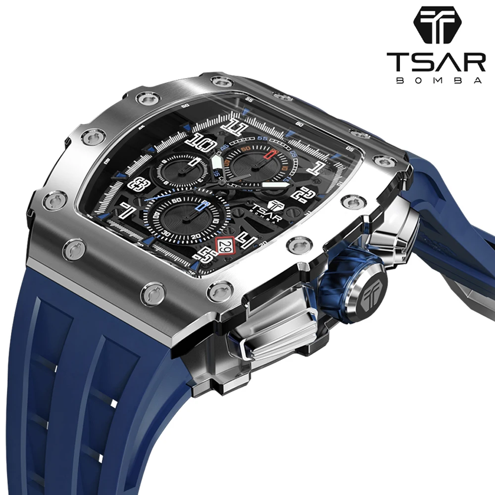 TSAR BOMBA 2021 NEW Mens Watch Tonneau Designe 50M Waterproof 316L Stainless Steel Wristwatch Sport Chronograph Stylish Gift