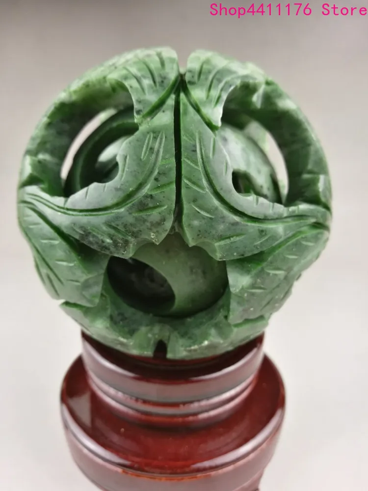 

Chinese Green Jade Real Hand Carving FengShui Ball Magic With Wood Base Exquisite Jade Ball The Inner Ball Can Rotate
