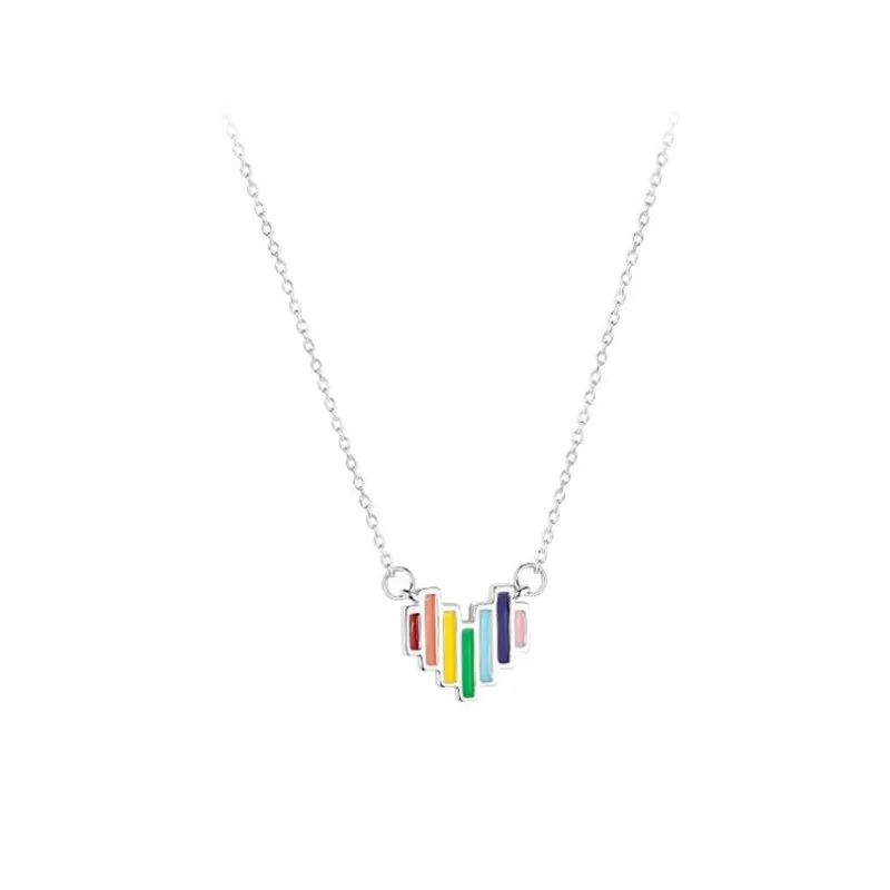 

New Personality Beautiful Colorful Rainbow Love 925 Sterling Silver Jewelry Fashion Simple Heart Temperament Necklaces H475