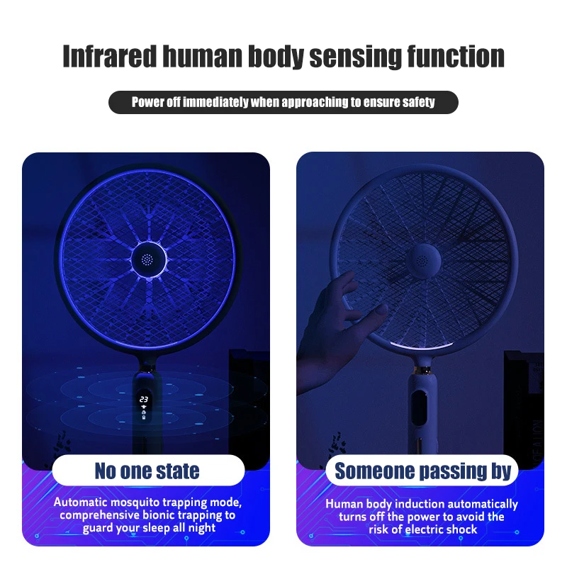

6 in 1 LED Display Smart Electric Mosquito Swatter 3000V Strong Voltage Insect Killer Human Body Induction No Radiation With Fan