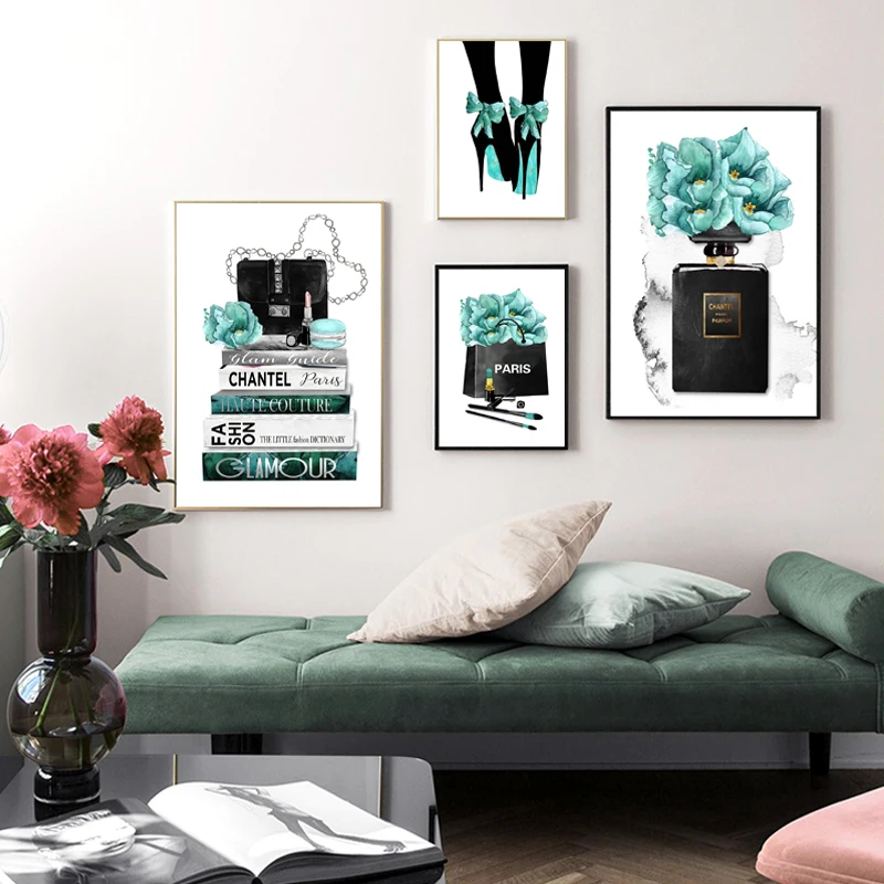 

Blue Green Flower Perfume Bag Canvas Poster Nordic Print High Heels Wall Painting Female Fashion Wall Art for Shop Decor