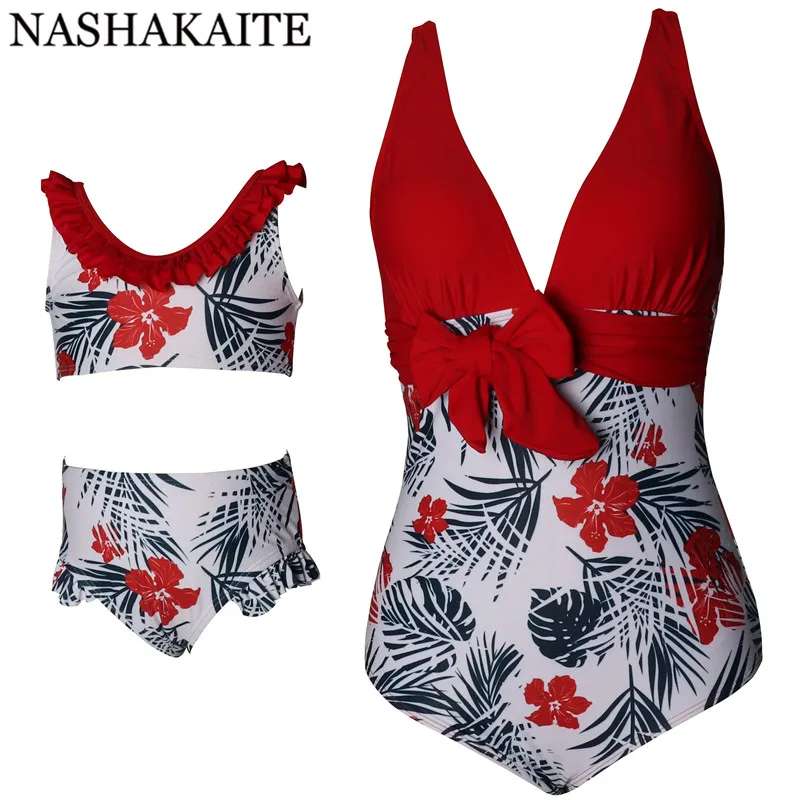 NASHAKAITE/купальный костюм для мамы и дочки; летний купальный костюм с глубоким v-образным вырезом на талии и бантом; одинаковый купальник для мамы и дочки