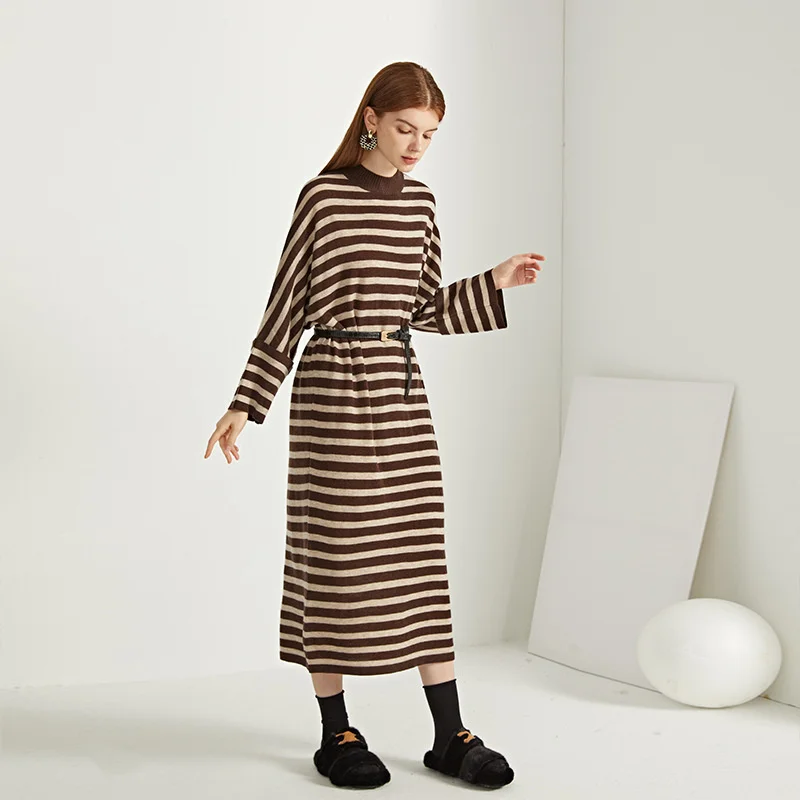 

Легкое и уютное Полосатое вязаное платье из 100% шерсти 2021 осень и зима Новое Стильное Полосатое вязаное платье с низом для женщин q1126