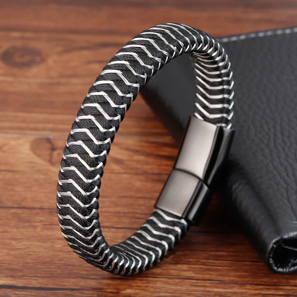 

В винтажном стиле; Цвет черный, серебристый; Обувь из натуральной кожи браслет для мужчин ювелирные изделия из нержавеющей стали, браслет с ...