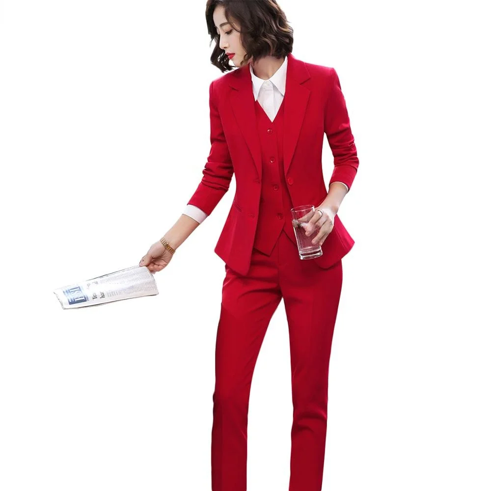 

3 Pieces Set Women Vest Blazer Jacket and Pant Suit Office Lady Formal Business Work Career Wear Clothes Red Black Uniform S-5XL