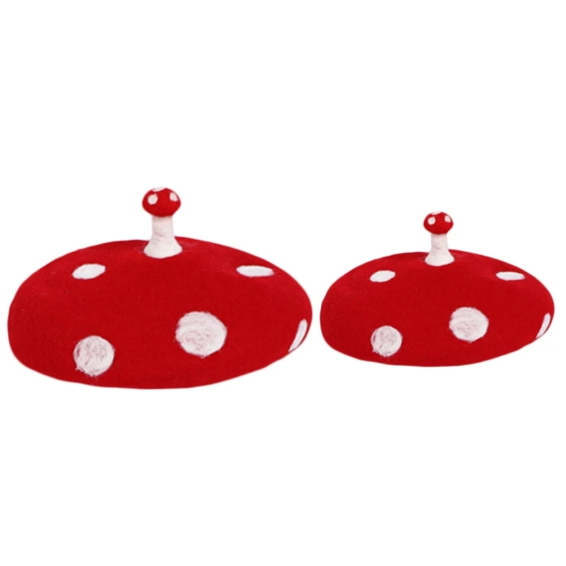 Women Kids Cute Small Mushroom Beret Cap Faux Felt Wool White Point Painter Hat M89E