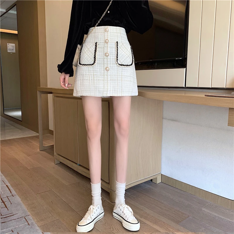 Юбка женская твидовая с карманами Офисная винтажная шерстяная мини юбка