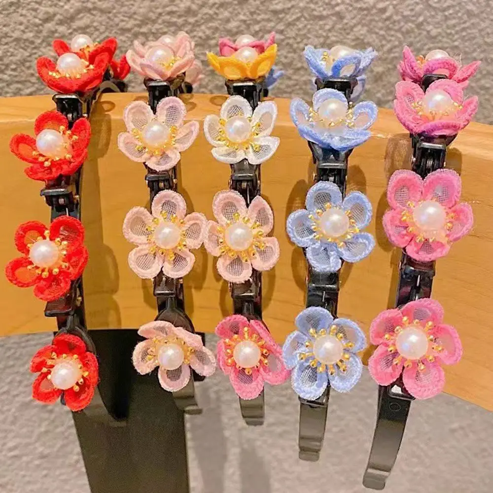 

Новогодняя красная Детская повязка на голову с цветком вишни, милый цветок с жемчугом, украшение для волос, плетеные повязки для волос, зажи...