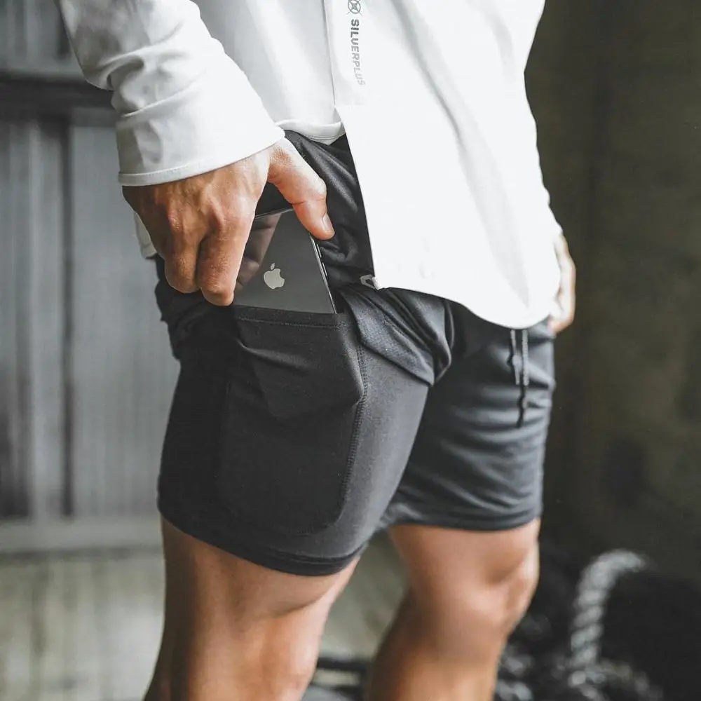 

Men's 2 in 1 Joggers Shorts Security Pockets Double Layer Shorts With Pocket Fitness Shorts Solid Camo Workout Shorts
