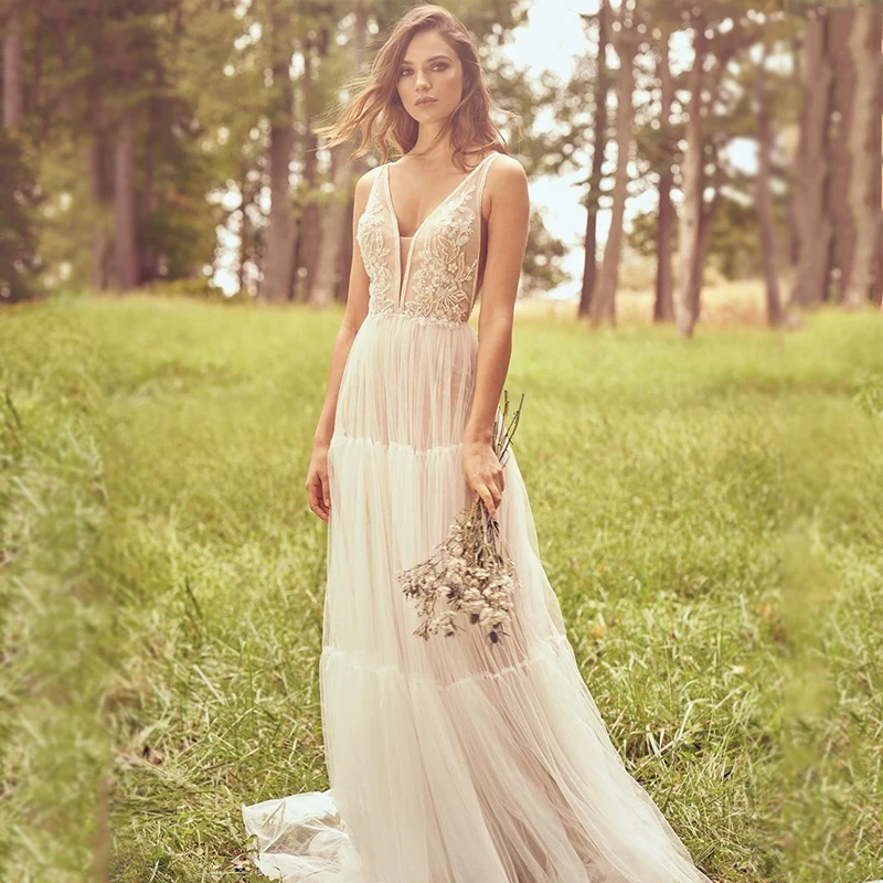 Романтические шикарные кружевные свадебные платья трапеции с V образным вырезом