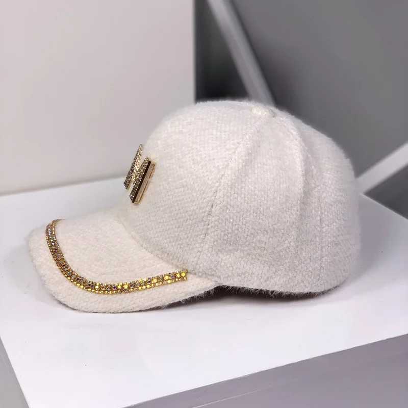 New winter adult women casual soft rabbit fur baseball caps Winter Punk Hip hop Rhinestone  snapbacks hats Warm Gorros