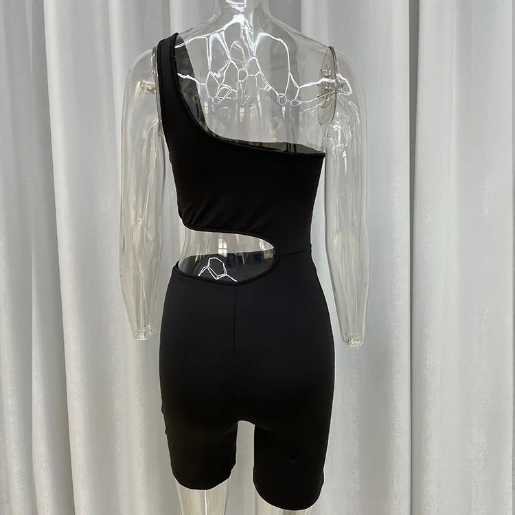 

Mandylandy Playsuits Sexy One Shoulder Backless Spaghetti Strap Straight Playsuits Women's Solid Color Slim Hollow Out Playsuits
