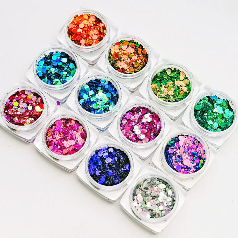 

12Jars/Lot Holographic Laser Nail Glitter Powder Chameleon Sparkly Gold Silver Nail Glitter Sequins Dust Nail Art Chameleon Tr47
