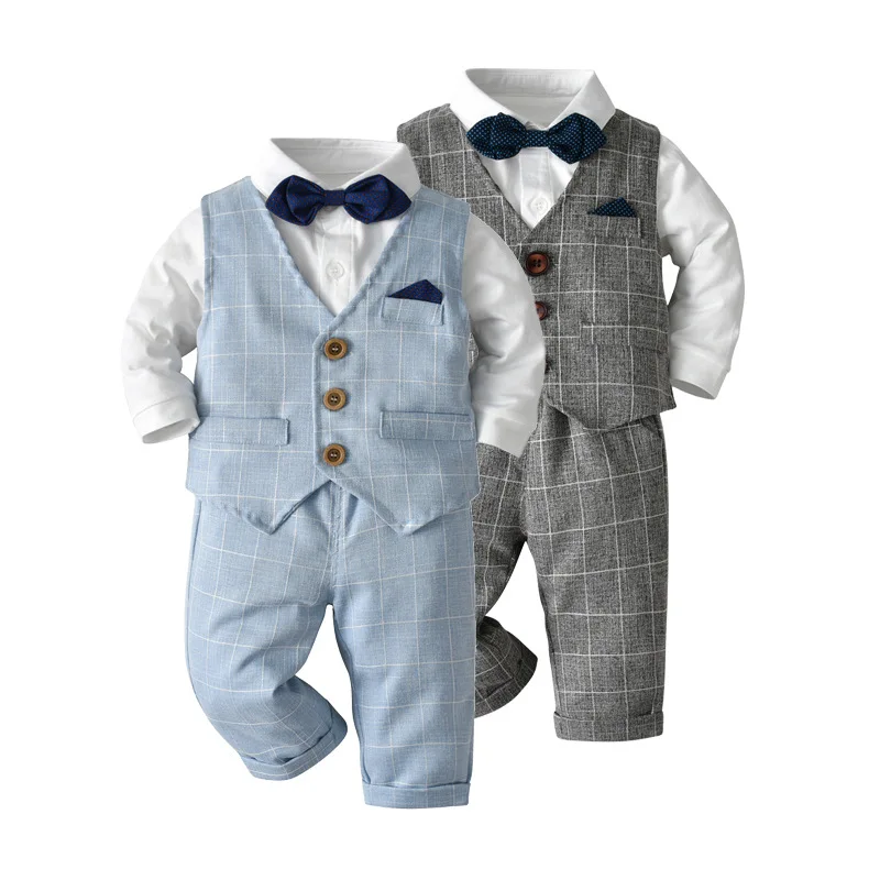 

Boy Clothes Sets Autumn Gentleman Style Kids Boys Bowtie Shirt+Plaid Pants+Plaid Waistcoat 3pcs/set Casual Clothes Outfit 0-4Y