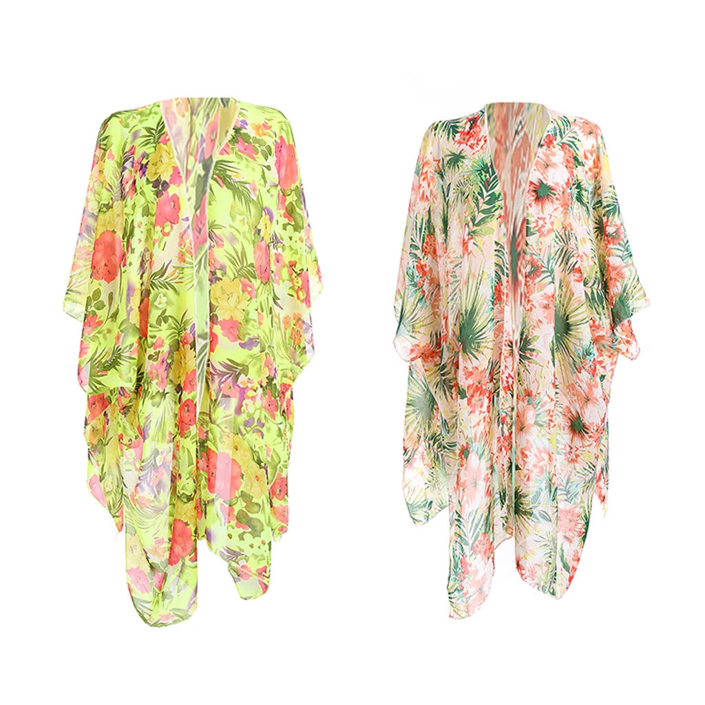 

Женские Цветочные пляжные блузки, кимоно, кардиган, длинное бикини, накидка, платье для летнего отдыха