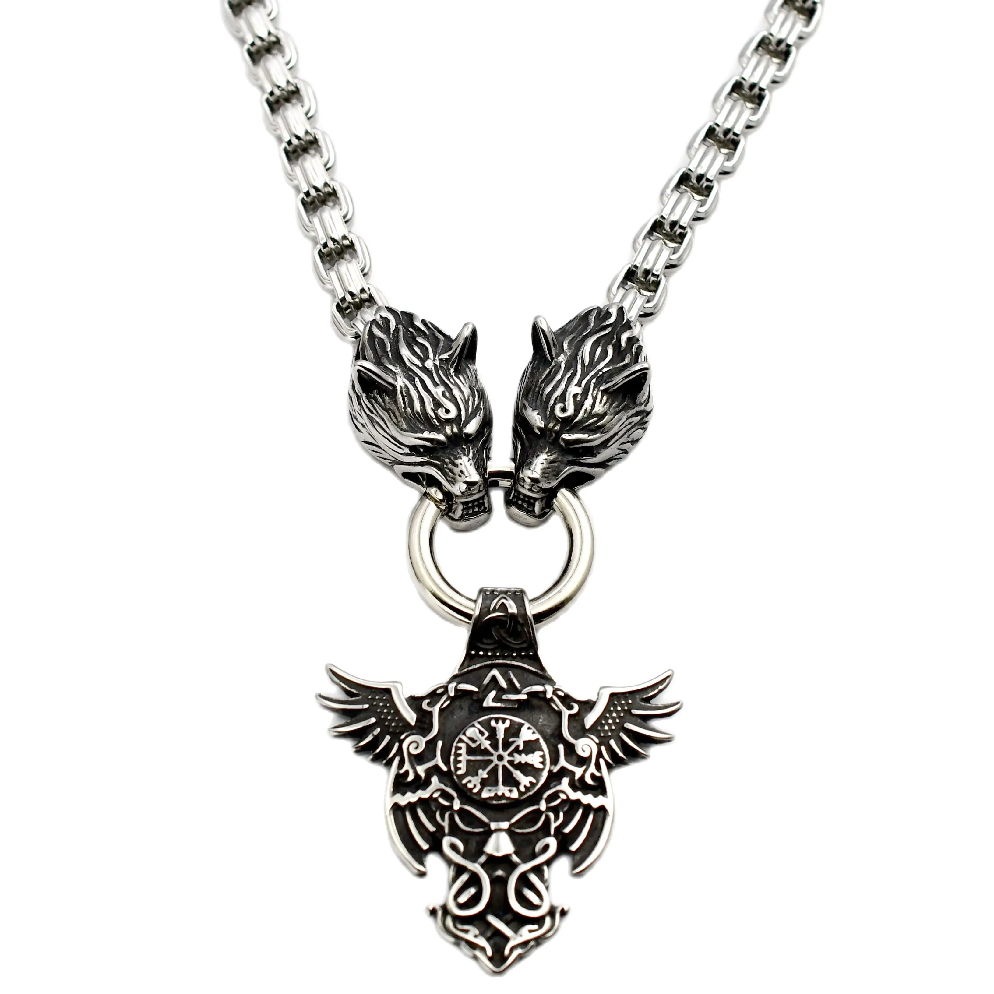 

Viking Crow Vegvisir Compass Pendant Necklace with Stainless Steel Wolf Head Chain Necklace Men's Viking Jewelry