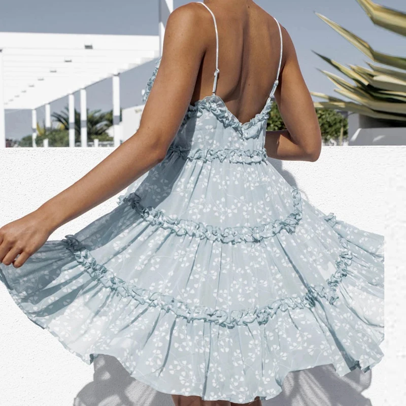 

Women V-neck Ruffles Summer Beach Dress Sexy Backless Spaghetti Strap Mini Dress 2021 Spring Sleeveless Loose A-Line Party Dress