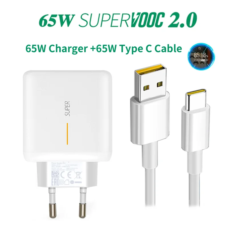 

65W Supervooc 2.0 Fast Charger For OPPO Realme X50 Pro RX17 Pro Find X2 Pro Reno 5 5G 3 4 Pro Ace 2 X20 X2 1M USB Type-C Cable