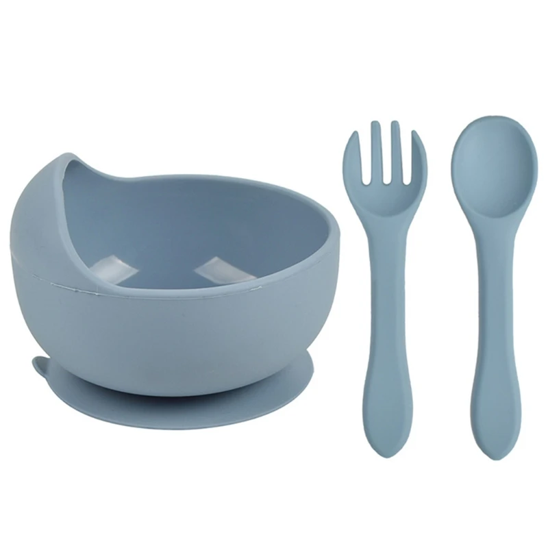 

3 Pcs Baby Training Feeding Food Bowl Spoon Fork Set Silicone Suction Utensil