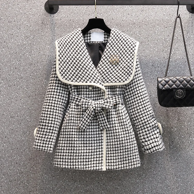 

Plus Size Women Autumn Winter Long Sleeve Coats Sailor Collar Plaid Tweed Jacket Korean High Waist Outwear Woolen Jackets 4XL