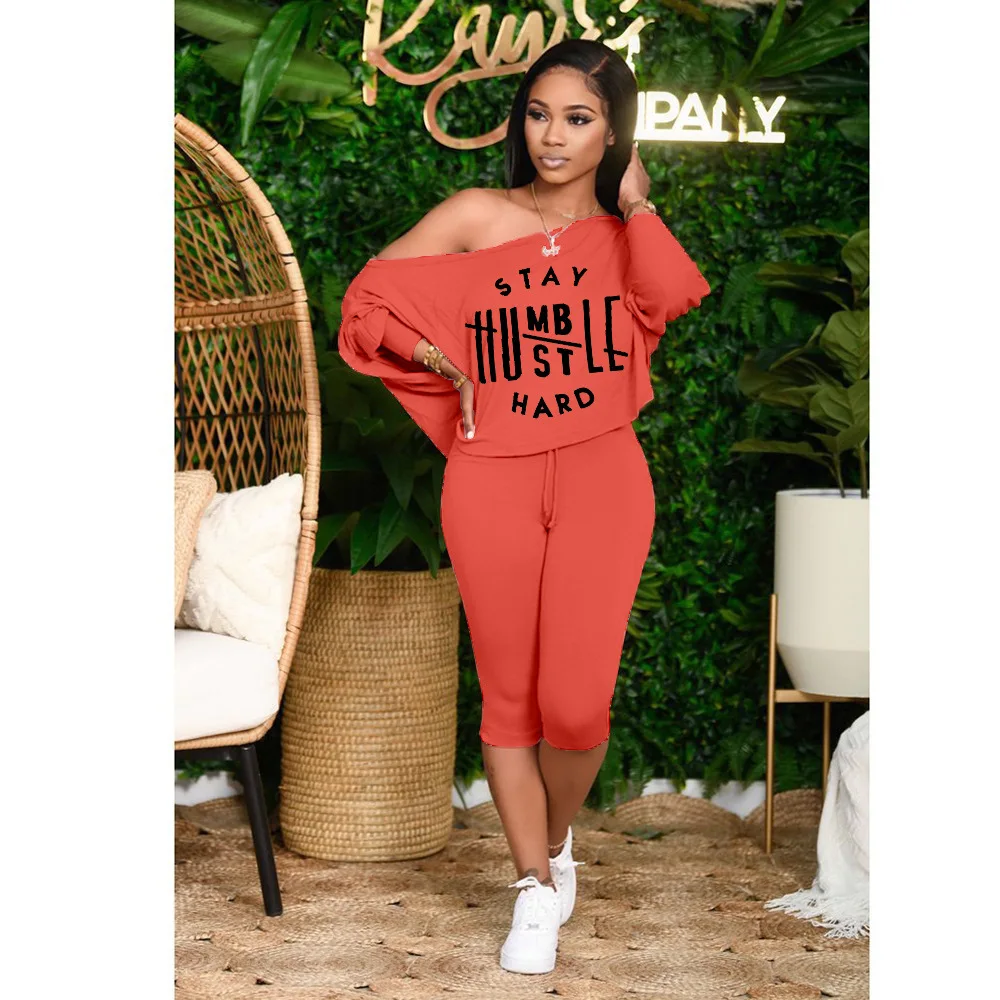 

New all-match spring and autumn women's fashion letter printing casual diagonal shorts comfortable two-piece suit