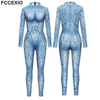 fccexio 3 colors sexy mermaid sequins 3d print sexy bodysuits women long sleeve cosplay new party tight jumpsuits