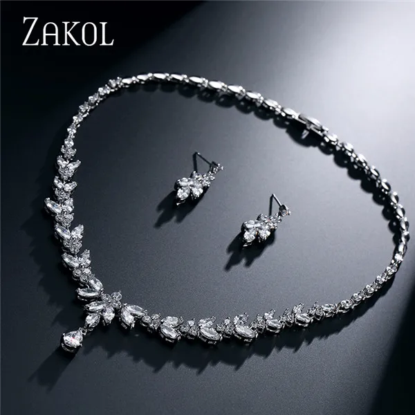White Color ZAKOL простой модный белый цвет AAA+ CZ циркония лист серьги ожерелье набор для женщин Свадебные Ювелирные наборы FSSP180 - Окраска металла: White Color