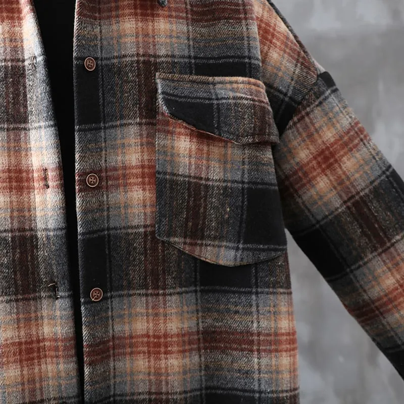 

Casual Plaid Women Blouse Plus Velvet Thick Tweed Coat Buttons Pockets Female Blend Streetwear Long Sleeve Loose Ladies Jackets