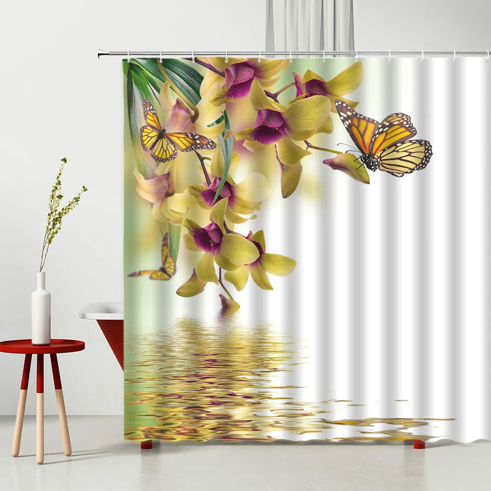 

Spring Scenery Flowers Butterfly Waterproof Bath Curtain Home Bathtub Decoration Bathroom Screen Shower Curtains Multiple Size