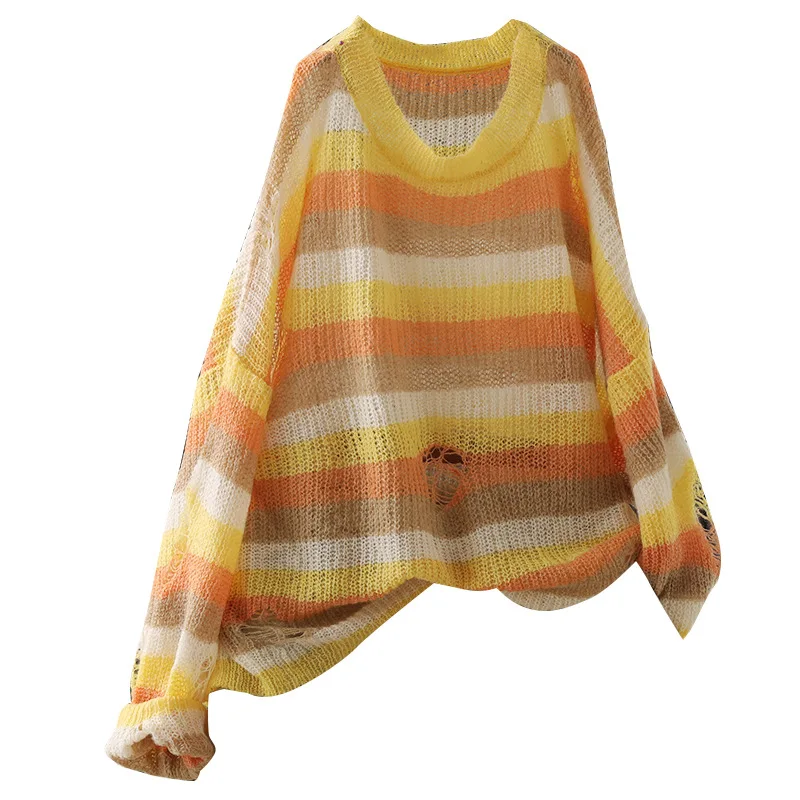 Autumn Sweater Women Fashion Large Size Knitting Loose Pullovers 2019 New Female Tops O-Neck Long-sleeved Striped Hole | Женская одежда