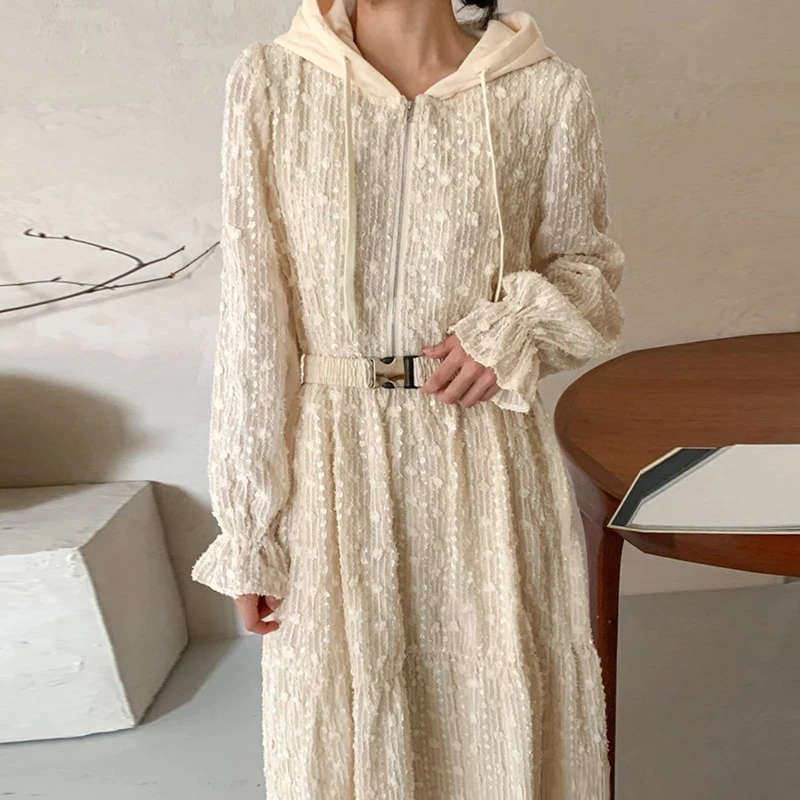

SuperAen 2022 Spring French Solid Hooded Zipper Splicing Lace Waist Flounced Edge Casual A-LINE Dresses Women