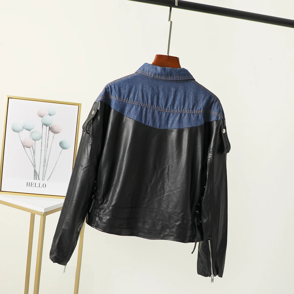 

New fall 2021 women s leather zipper short denim stitching silhouette motorcycle leather jacket