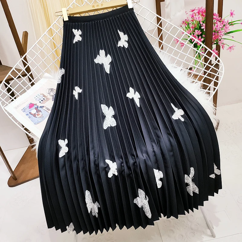 

Korobov Vintage Elegant Butterfly Print A-Line Skirts Korean Chic High Waits Pleated Skirt Japanese Preppy Style Faldas Mujer