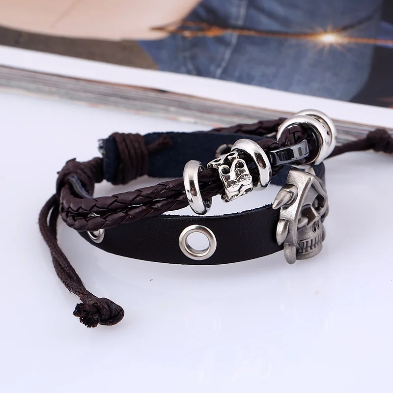 

Vintage Retro Rivet Punk Cool Hip Hop Accessorie Bracelet Handmade Cowhide Skull Skeleton Viking Cuff Braid Bangles