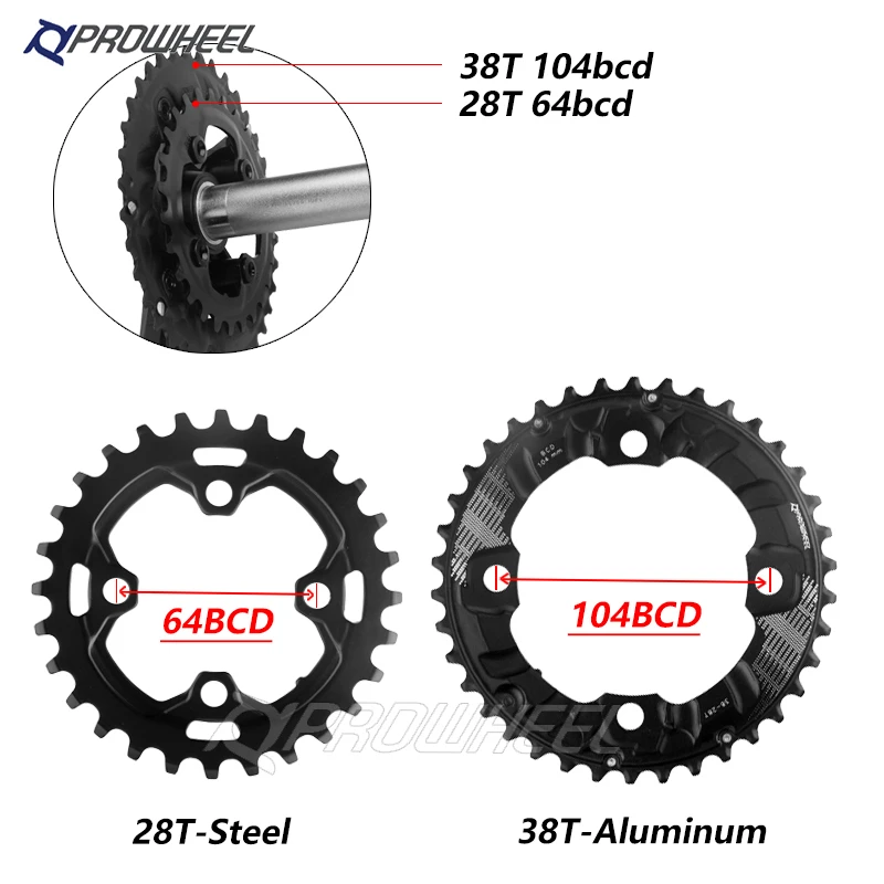 PROWHEEL MTB Bicycle Sprockets 64 /104BCD Double Chainwheel 26T 28T 36T 38T Chainring Mountain Bike crankset Tooth plate Parts
