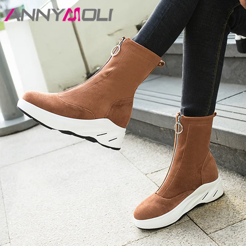 

ANNYMOL Woman Boots High Heel Ankle Boots Round Toe Wedges Heel Shoes Platform Zip Ladies Short Boots Autumn Winter Black 33-40