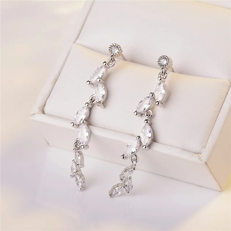 

Bright Crystal Leaf Drop Earrings For Women Jewelry Top Quality Silver 925 Earring Female Long Accessories Trendy Piercing Bijou
