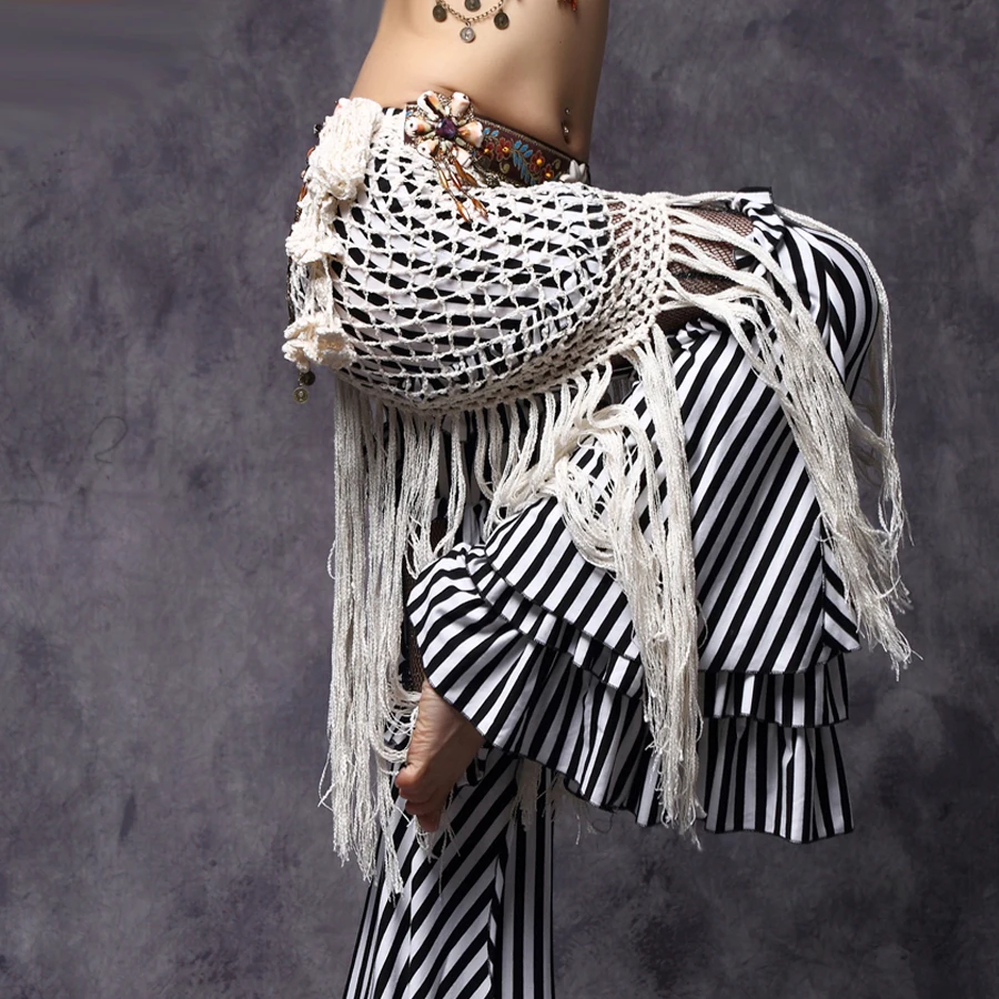 Женский платок для танца живота белый бандажный с кисточками и монетами