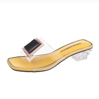 summer fashion square buckle ladies high heels new womens shoes metal transparent square mid heel open female slippers