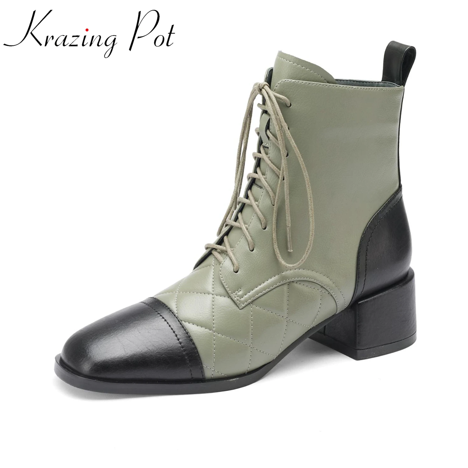 

Krazing Pot sheep leather round toe winter French romance Chelsea boots med heels large size 42 lattice patterns ins ankle boots