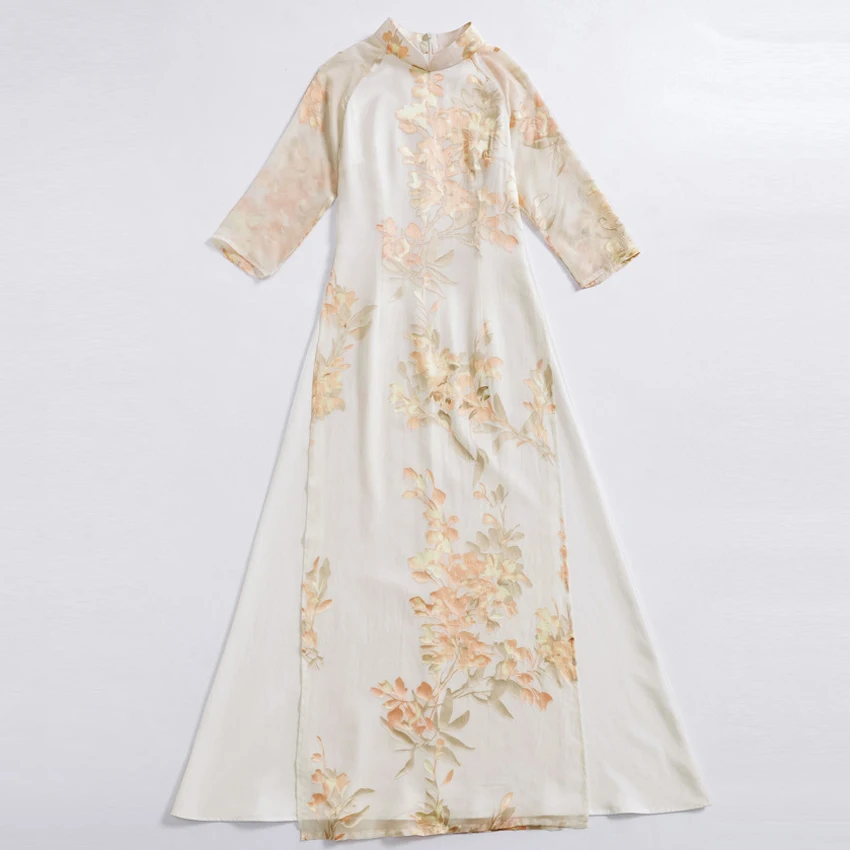 apricot dress Весеннее женское винтажное Цветочное платье с коротким рукавом китайское Ципао Чонсам вьетнамское Ао Дай восточное платье для женщин - Цвет: apricot dress