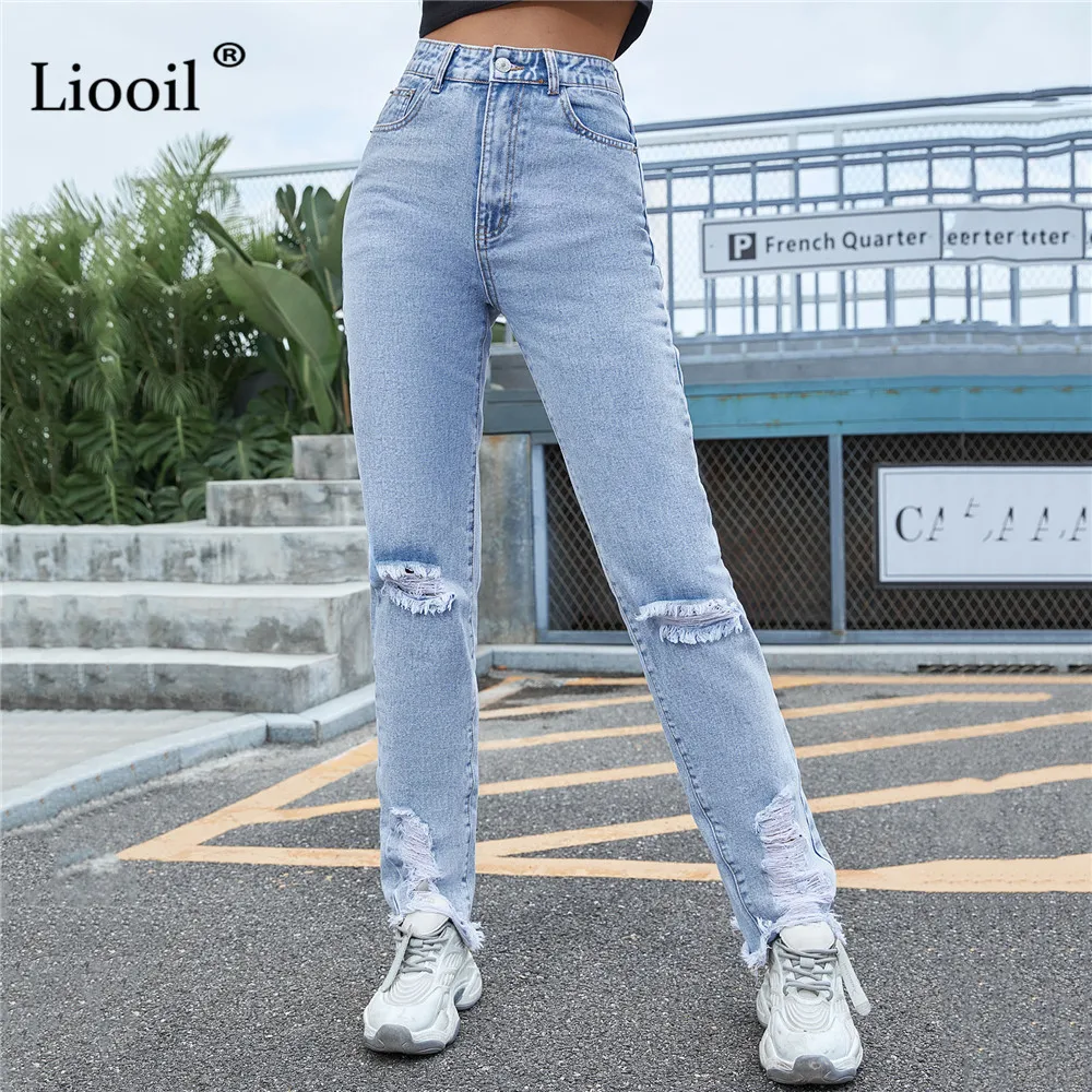 

Liooil Skinny Ripped Jeans For Women Light Blue Wash High Waisted Jeans With Pocket Button Casual Streetwear Denim Trousers 2021