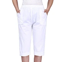 woman spring hot sale 100 cotton pants female summer thin trousers women elastic waist capris lady knee length