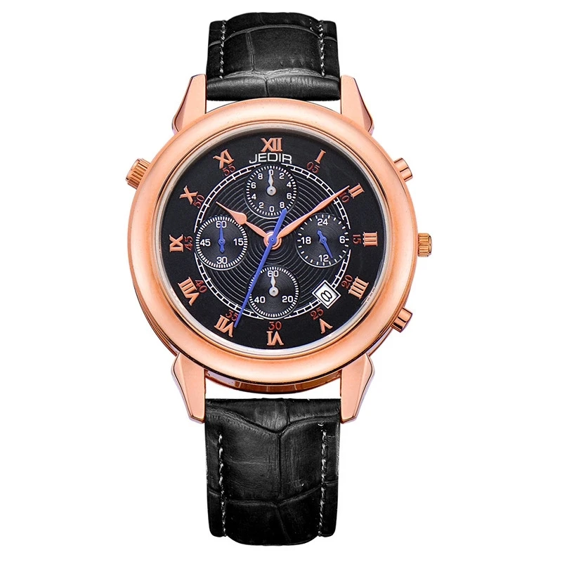 Мужские деловые часы JEDIR с отображением даты и кожаным ремешком кварцевые
