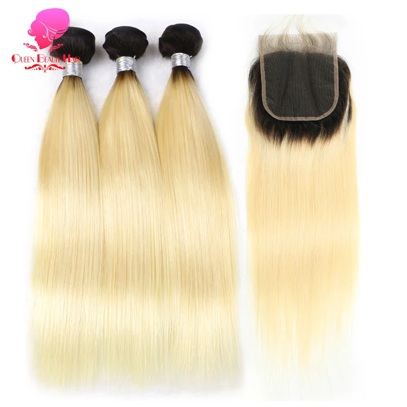 QUEEN BEAUTY 3 пучка и закрытие 2 тона темные корни 1B/613 Омбре блонд бразильские Прямые
