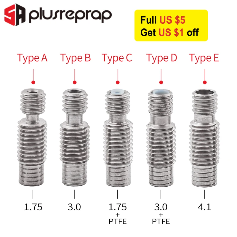 V6 Throat Heat Break Hotend J-head M7*M6*22mm Bowden Teflon tube for 1.75 mm 3 mm Filament Bore 4.1mm 3D Printer Stainless Steel